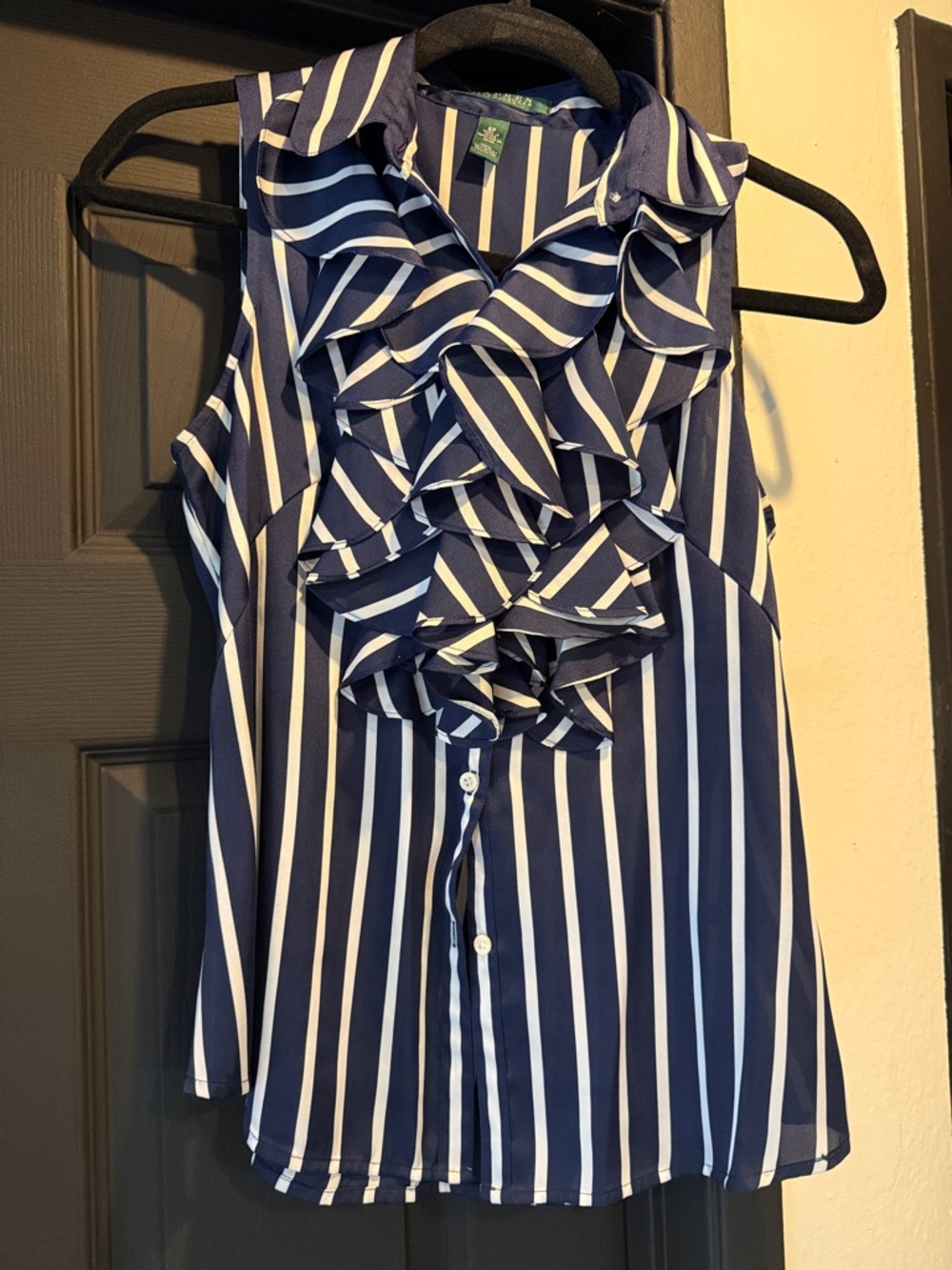 Lauren Ralph Lauren Navy and White Ruffle Stripe Sleeveless Blouse